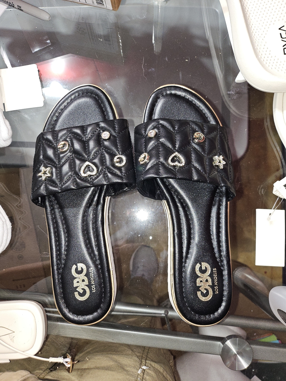GBG  New Size 8.5 Black Quilted Slide Sandals with Embellishments